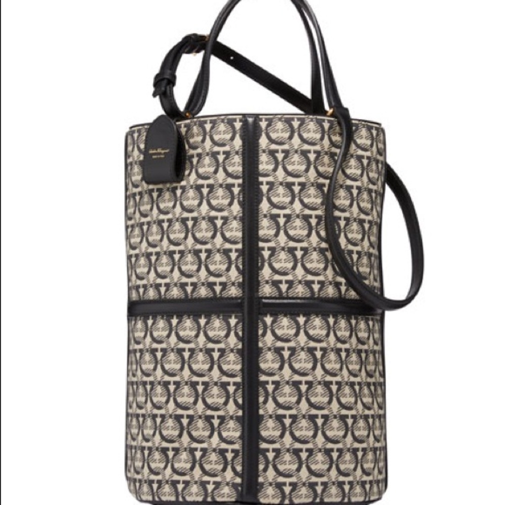 Salvatore Ferragamo Gancini Jacquard Monogram Logo Maxi Canvas Bucket Tote Bag